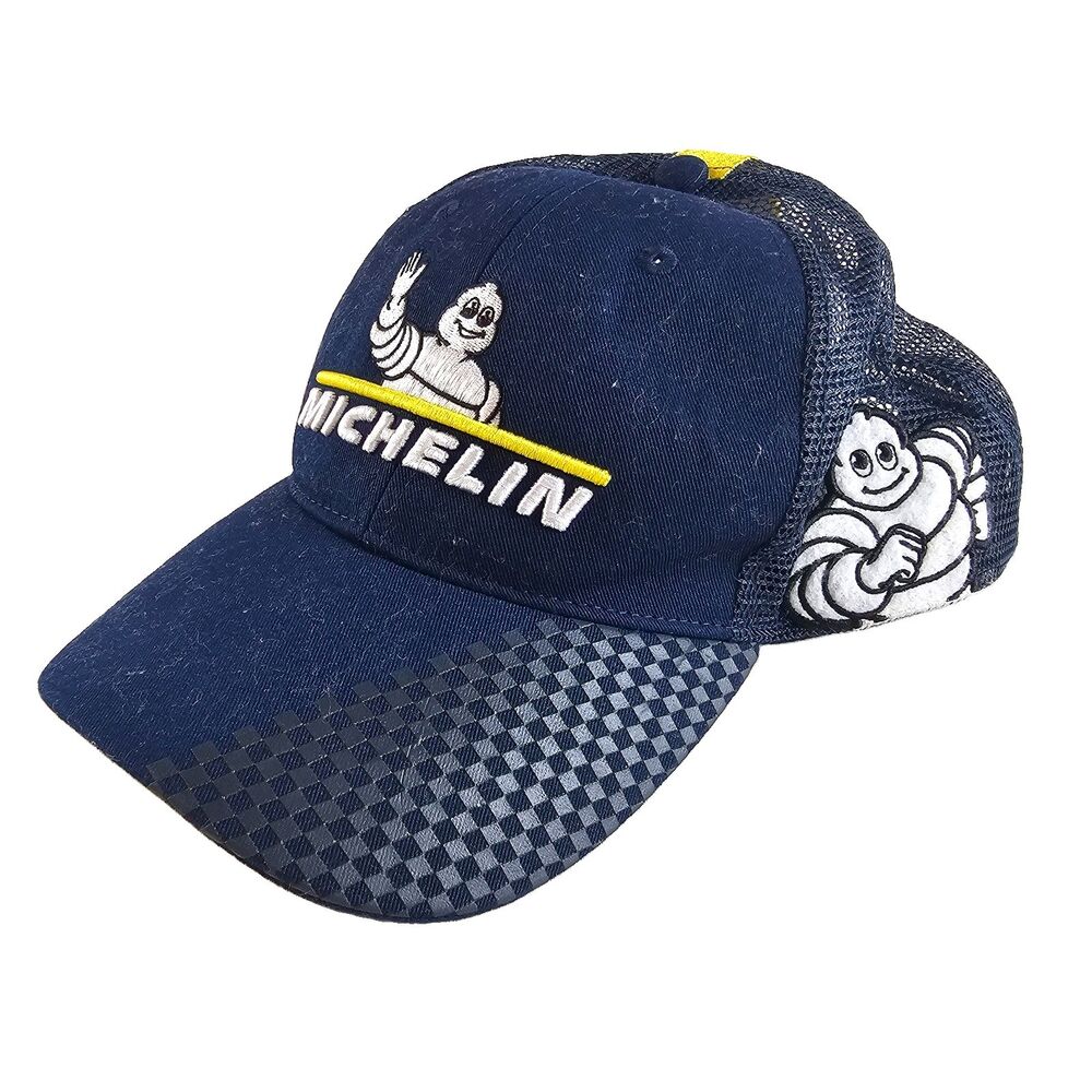 Michelin Hat Navy Blue Trucker Cap Bibendum Tire Man Racing Checkered Flag